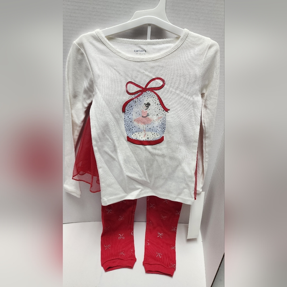 5T Carter's Girls 3pc Ballerina Red White Tutu Shirt Pants Xmas Pajama Set New